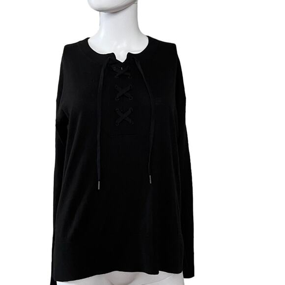 Splendid Black Viscose Cashmere Blend Lace Up Neck Sweater Small - Picture 2 of 6